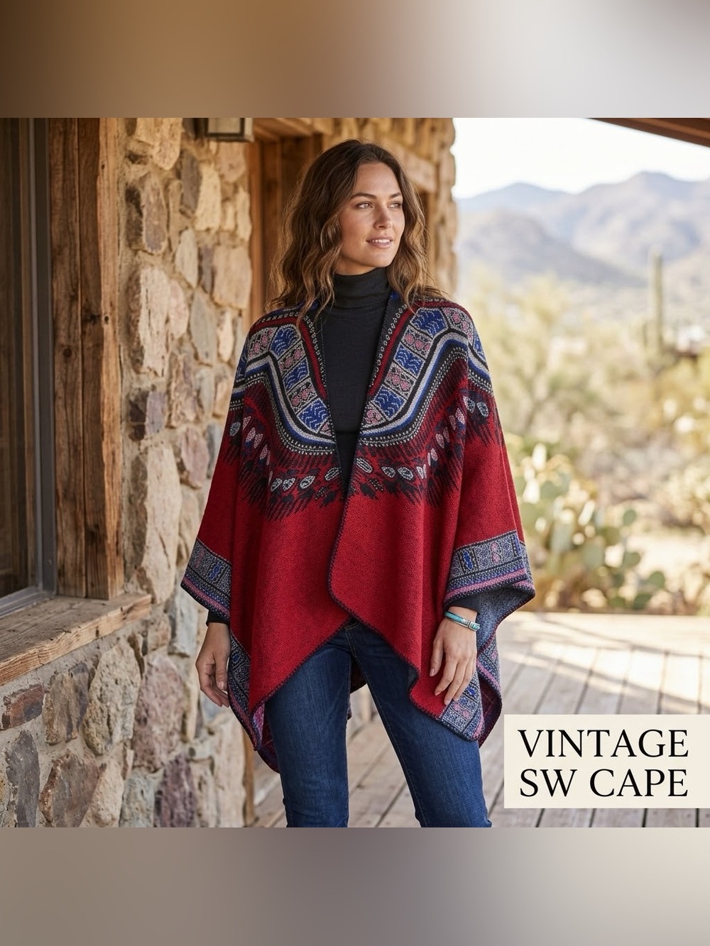 Vintage Red Southwestern Geometric Jacquard Open Front Poncho Cape Wrap OS